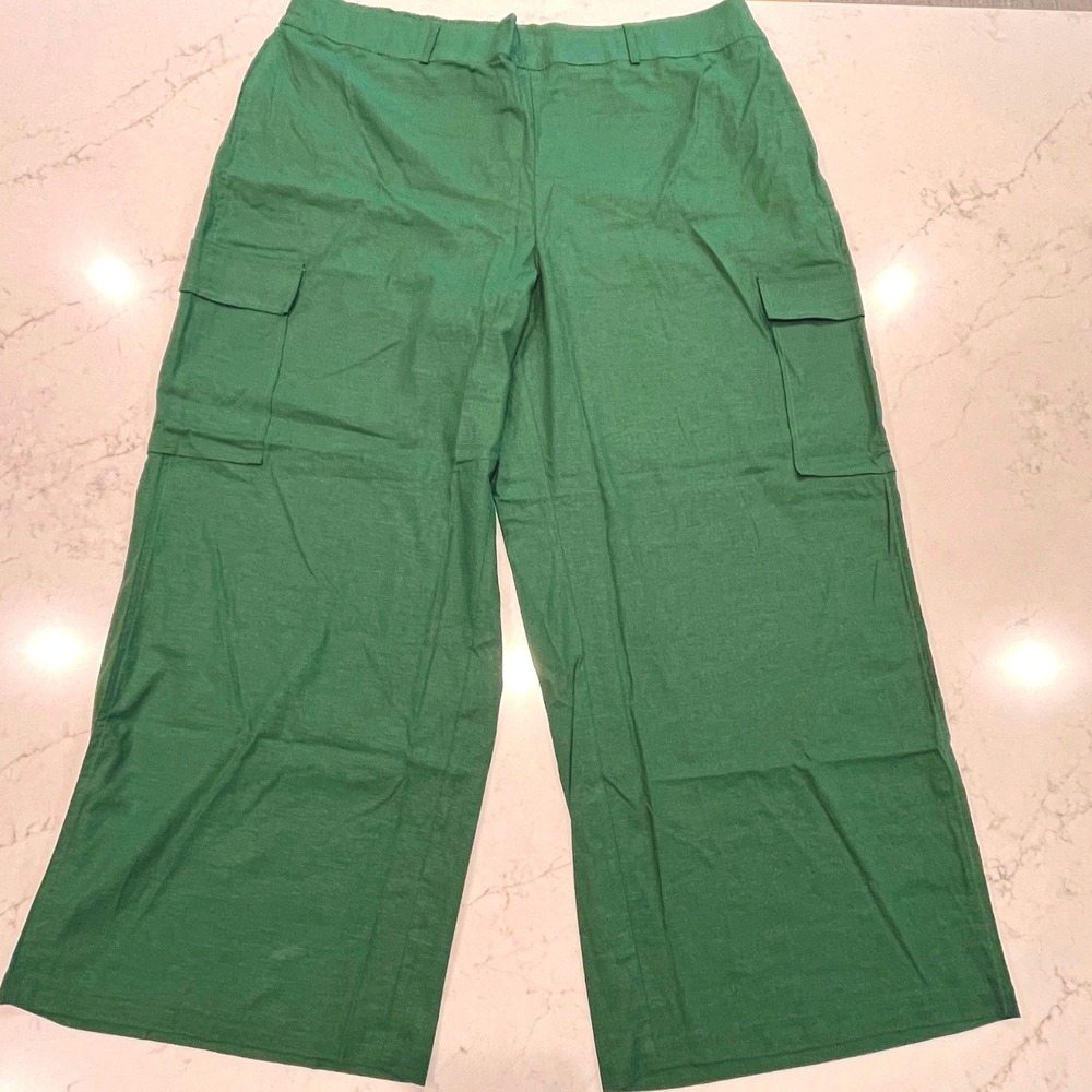 Lane Bryant NEW Cargo Pants Women 26 Green Linen Blend Mid Rise Straight Pull On
